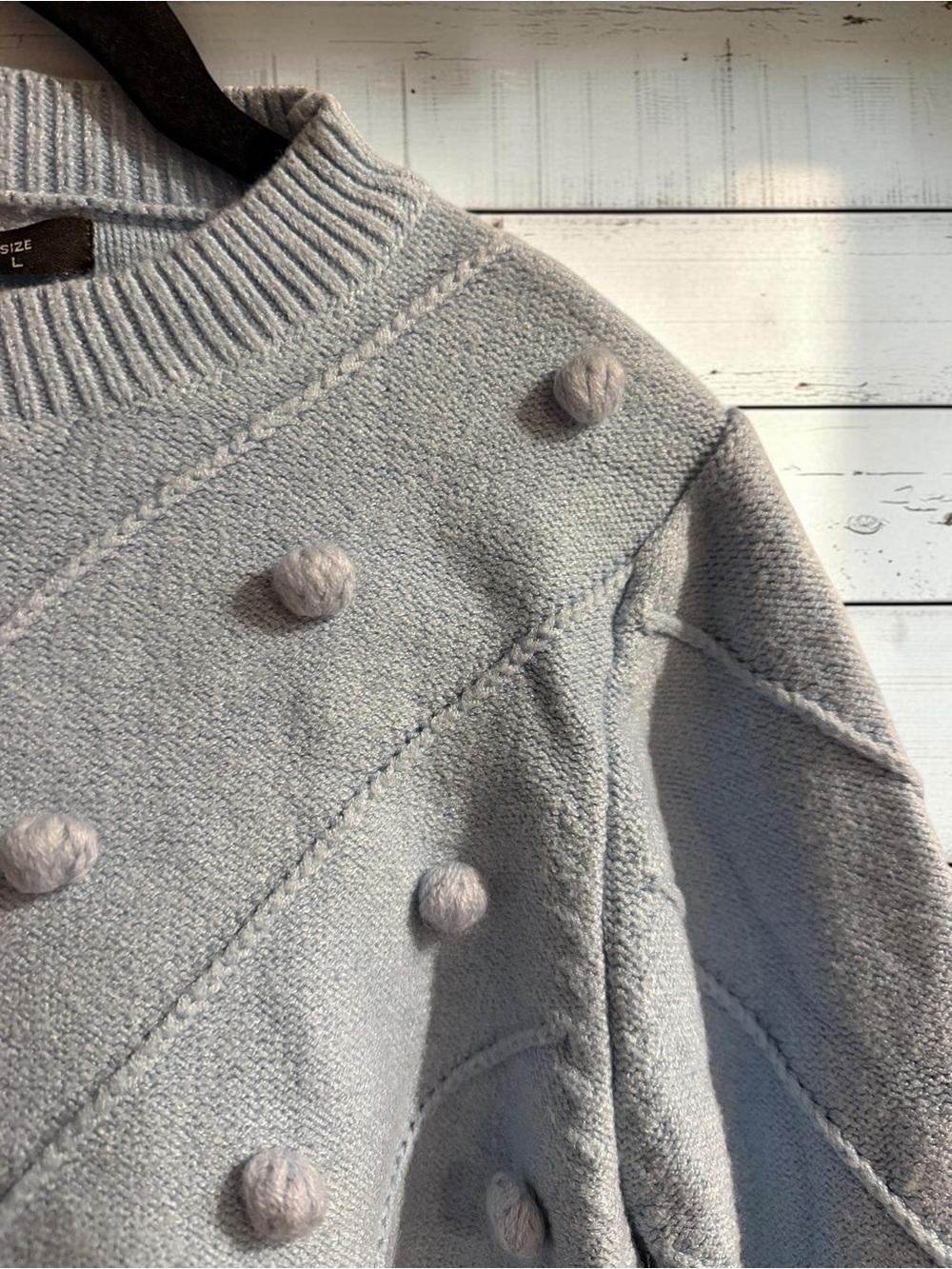 Simplee Pom Pom Sweater Sz L Light Blue Grey Textured Knit Bishop Sleeve Cozy - Picture 4 of 6